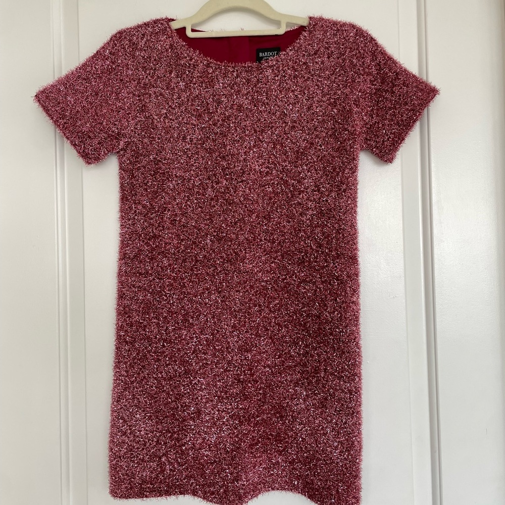 Bardot Junior Emina Short Sleeve Eyelash Shimmer Sparkle Party Dress Pink Tween